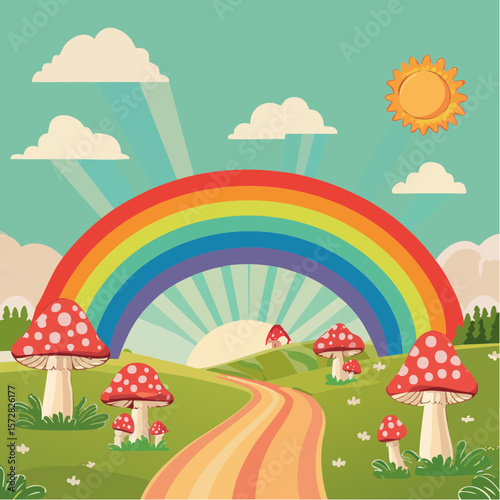 Colorful groovy rainbow and mushrooms illustration in 70s and 60s style. Vintage hippie landscape. Psychedelic seventies nature background. Vector graphic design.