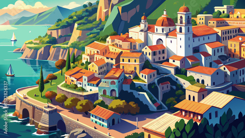 Very beautiful View from above, stunning aerial view of the village of Atrani. Atrani is a city and comune on the Amalfi Coast in the province of Salerno in the Campania region of south-western 