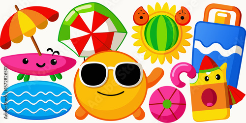 A fun, colorful vector illustration of happy Easter eggs and baby birds with a summer sky background