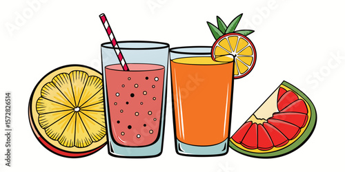 Ice-cold tropical fruit juice with lemon and orange slices, a refreshing beverage in a glass with a straw, isolated on white