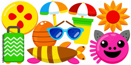 A vibrant cartoon vector illustration of an assorted set of summer and beach icons featuring sun, sea, and fun vacation elements