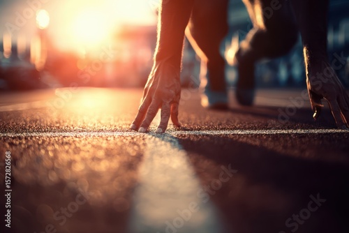An athlete preparing at the starting line, lifting their feet in the air while walking on a sidewalk.