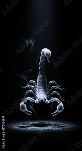 Ethereal scorpion formed from wisps of smoke, levitating in a dramatic spotlight. Ghostly creature on a dark background representing danger, mystery, spirit animals, and the Scorpio zodiac sign.
