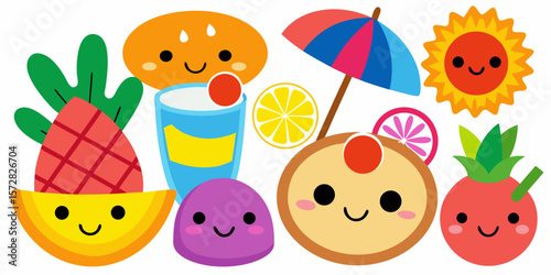 A vibrant collection of funny cartoon animals and food icons, including Easter eggs, fruits, and birds, forming a seamless, playful design for children