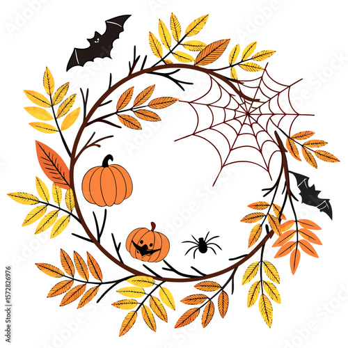A festive halloween wreath with pumpkins, bats, a spider, and autumn leaves on a white background