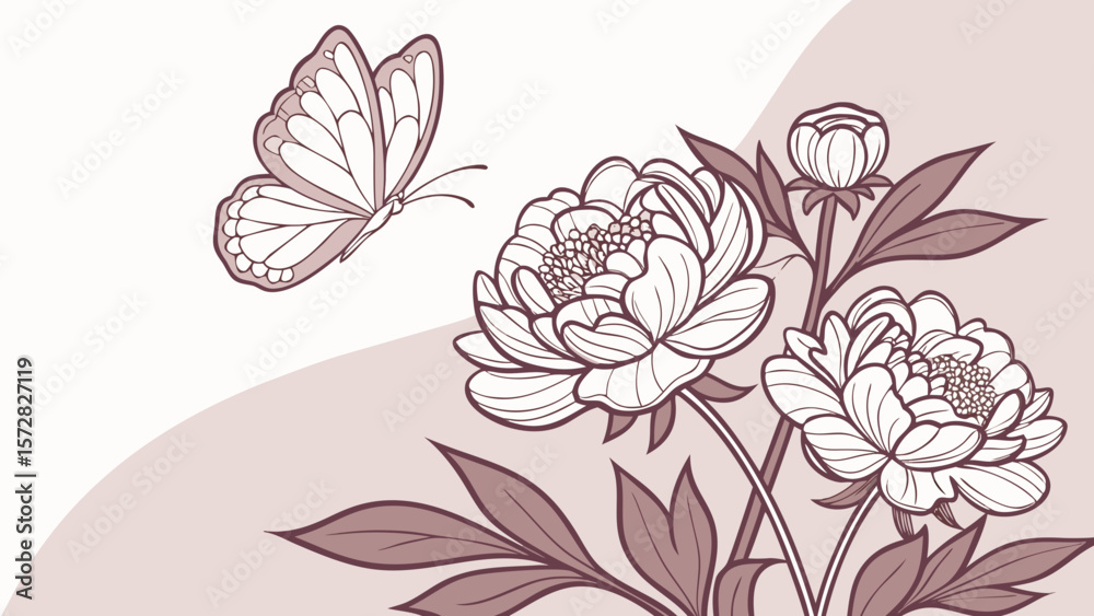 Obraz premium Peony and Butterfly Floral Vector