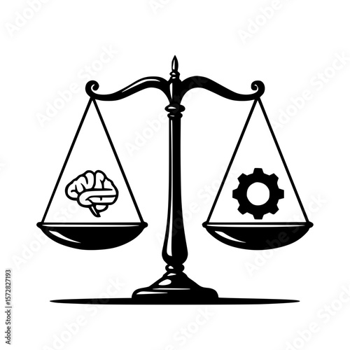 Brain and gear balance scale icon, black and white graphic representation, copy space