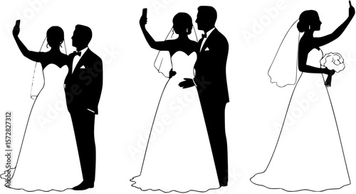 vector silhouette of newlyweds taking selfie on phone