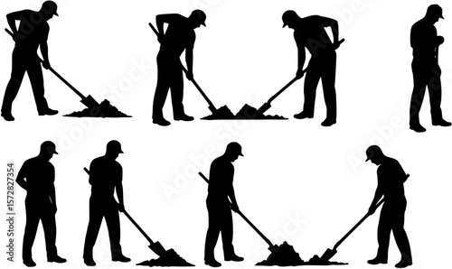 vector silhouette of a man with a shovel digging