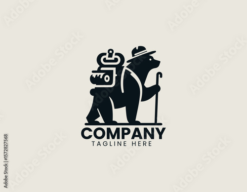 Happy Hiking Bear Backpacking Adventure Outdoor Exploration Vector Logo Design