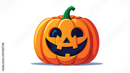 Grinning orange pumpkin with carved spooky face and green stem halloween jack o lantern