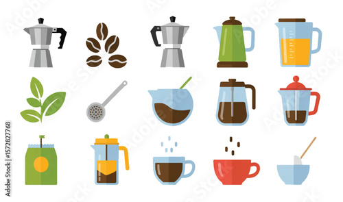 "Set of 16 Colorful Flat Vector Icons Representing Coffee Making Tools and Ingredients".