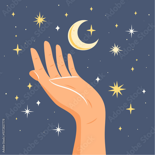 Mystical woman hand with celestial symbols of moon and stars. Spiritual wicca element for print, card, poster, design. Witchcraft boho symbol vector illustration