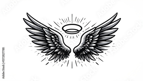 Majestic feathered wings with a radiant halo and emanating light angel wings feathers