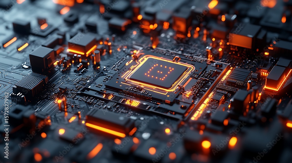 Circuit Board with Glowing Microchip and Electrical Components Circuit Board with Glowing Microchip and Electrical Components