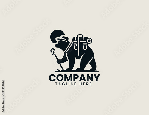 Happy Hiking Bear Backpacking Adventure Outdoor Exploration Vector Logo Design
