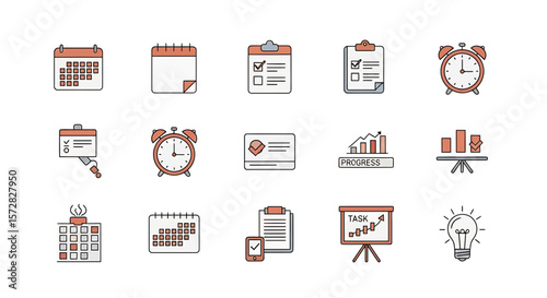 Time Management and Productivity Flat Vector Icon Set (Color Variant)