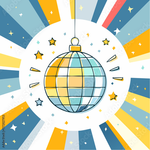 Stylish Minimalist Line Art of a Disco Ball, Hand-Drawn Decorative Accent for Celebrations, 70s Inspired Outline Doodle, Vector Illustration