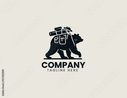 Happy Hiking Bear Backpacking Adventure Outdoor Exploration Vector Logo Design