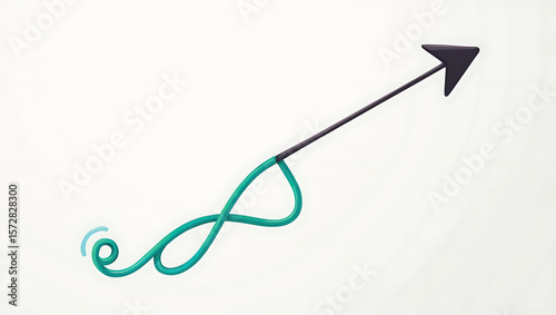 Teal ribbon forms loop attached to dark arrow pointing upwards growth progress