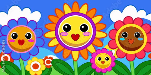 Here's a descriptive sentence for the image:

A set of funny cartoon flowers with smiling faces, some yellow sunflowers and daisies, enjoying the summer sun in a playful vector illustration