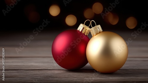 Two shiny Christmas baubles resting on a rustic wooden table with soft natural lighting.