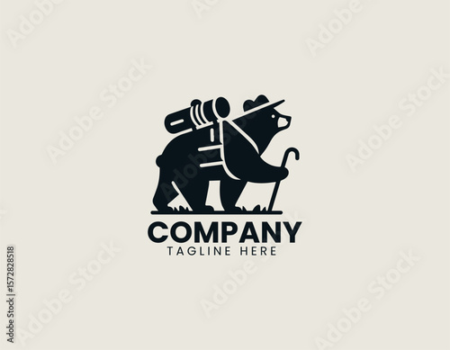 Happy Hiking Bear Backpacking Adventure Outdoor Exploration Vector Logo Design