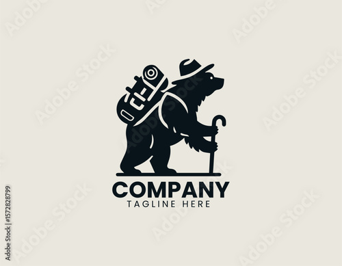 Happy Hiking Bear Backpacking Adventure Outdoor Exploration Vector Logo Design