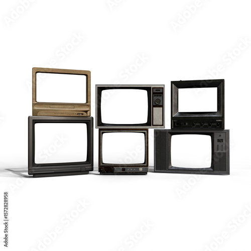 Fotografi A digital collage showcases six vintage CRT monitors and televisions