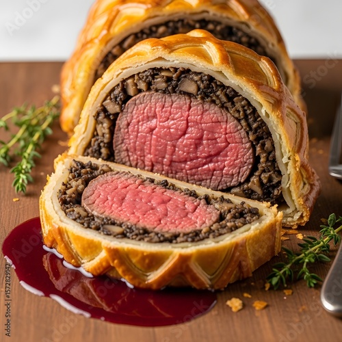 Gourmet Sliced Beef Wellington with Mushroom Duxelles and Golden Pastry photo