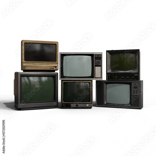 A digital rendering showcasing a stack of vintage televisions, varying in size, shape, and color, displaying dark, reflective screens, suggesting a nostalgic or obsolete technology theme