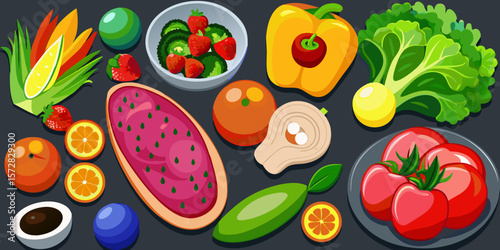 Fresh and healthy vegetable and fruit collection on a white background vector illustration