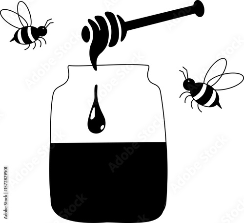 Honey jar with spoon and bees composition. Vector graphic line illustration. Banner, poster, wrapping paper, sticker, print, modern textile design. For logo, web, package, sticker.