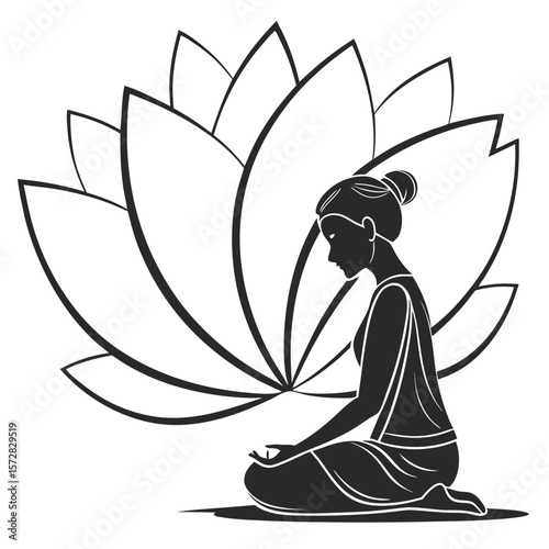 Silhouette of woman meditating in lotus position with large lotus flower in the background in black and white