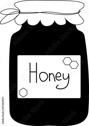 Jar honey composition. Vector graphic line illustration. Silhouette sign for logo, print, comics, boards, design, stickers, decoration, posters Coloring Sheet for Stress Relief and Relaxation