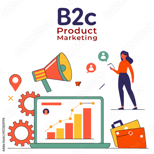 Illustration of b c marketing concept with laptop chart megaphone and woman holding a tablet device close