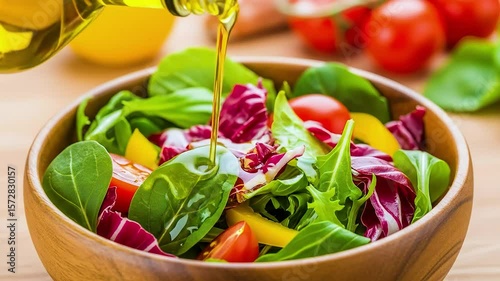 Pouring Oil Dressing Over Fresh Garden Salad