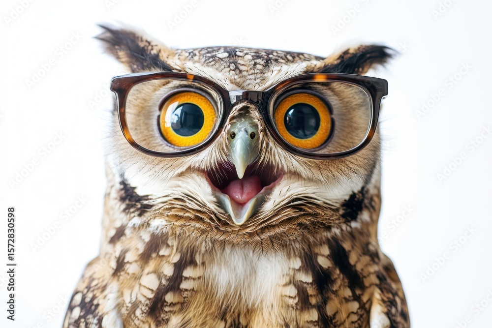 Fototapeta premium An Owl Wearing Glasses with a Delightful Expression, Showcasing Its Unique Features and Playful Personality in a Vibrant and Fun Setting isolated on white background