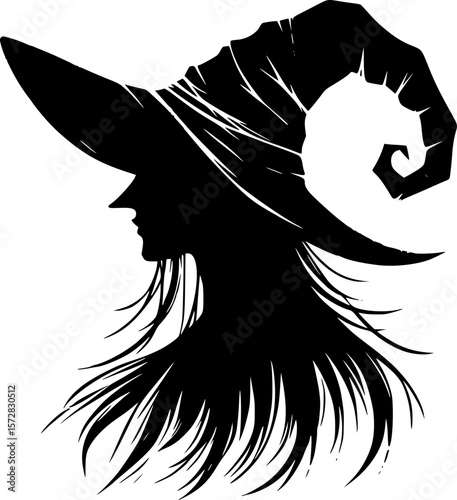 Minimal halloween art of a spooky witch with classic pointed hat in black and white doodle style for kids halloween fun
