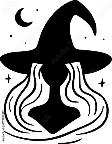 Minimal halloween art of a spooky witch with classic pointed hat in black and white doodle style for kids halloween fun