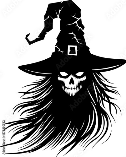 Minimal halloween art of a spooky witch with classic pointed hat in black and white doodle style for kids halloween fun