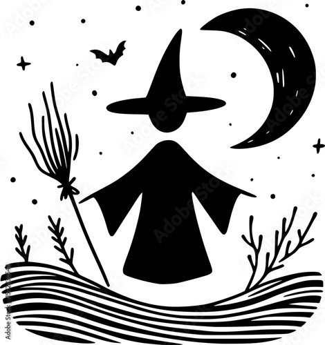 Minimal halloween art of a spooky witch with classic pointed hat in black and white doodle style for kids halloween fun