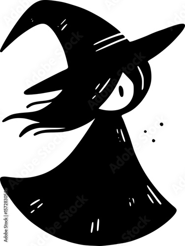 Minimal halloween art of a spooky witch with classic pointed hat in black and white doodle style for kids halloween fun