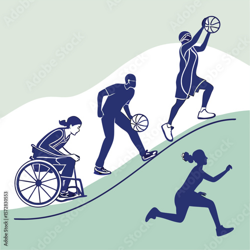Diverse athletes participating in sports including basketball and running on an incline surface line