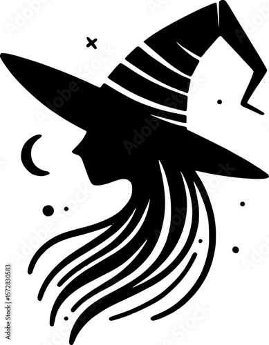 Minimal halloween art of a spooky witch with classic pointed hat in black and white doodle style for kids halloween fun