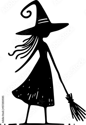 Minimal halloween art of a spooky witch with classic pointed hat in black and white doodle style for kids halloween fun