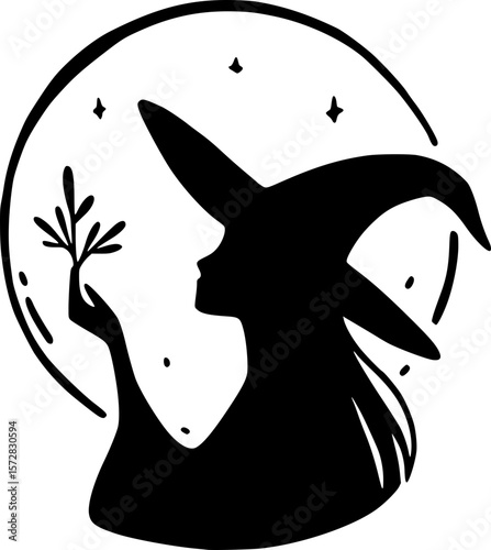 Minimal halloween art of a spooky witch with classic pointed hat in black and white doodle style for kids halloween fun