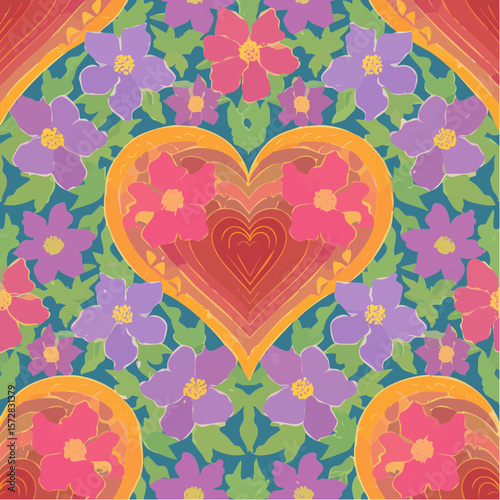Seamless vector pattern with abstract heart wrapped with bindweed flowers. Psychedelic background with symbol of love. Naive art, groovy design. Trippy creeper outline texture