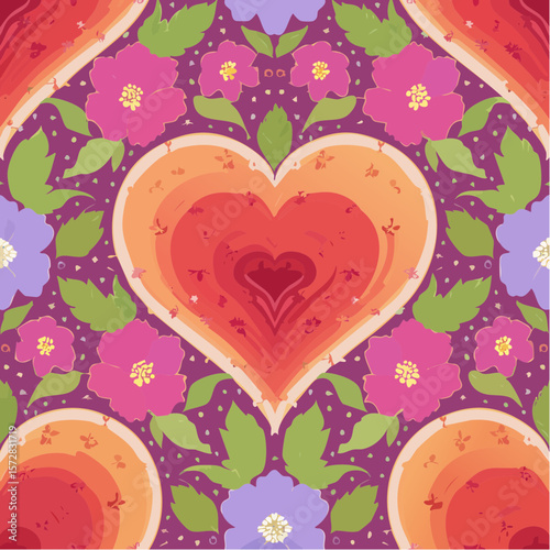 Seamless vector pattern with abstract heart wrapped with bindweed flowers. Psychedelic background with symbol of love. Naive art, groovy design. Trippy creeper outline texture