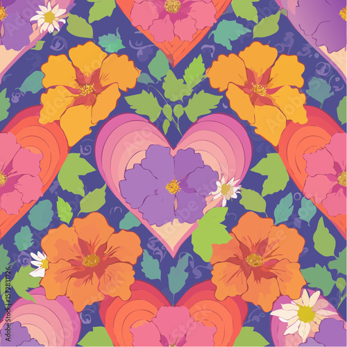 Seamless vector pattern with abstract heart wrapped with bindweed flowers. Psychedelic background with symbol of love. Naive art, groovy design. Trippy creeper outline texture